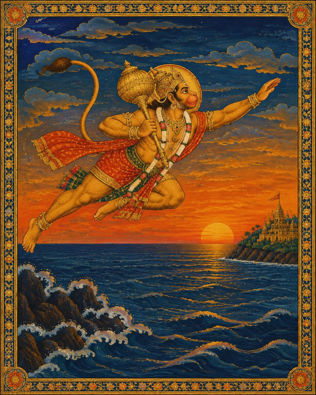 Hanuman leaping across the ocean toward Lanka at sunset