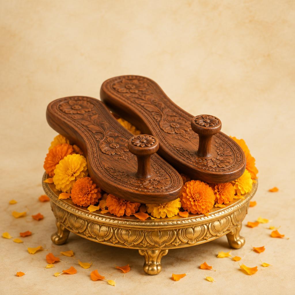 A pair of carved wooden padukas on a golden pedestal with marigolds