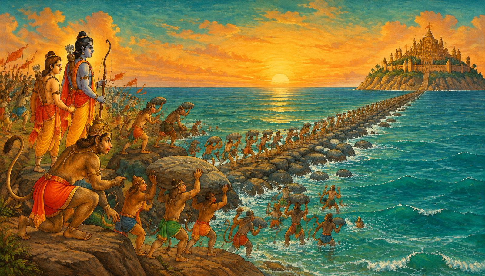 The Vanar Sena carrying stones to build the bridge to Lanka