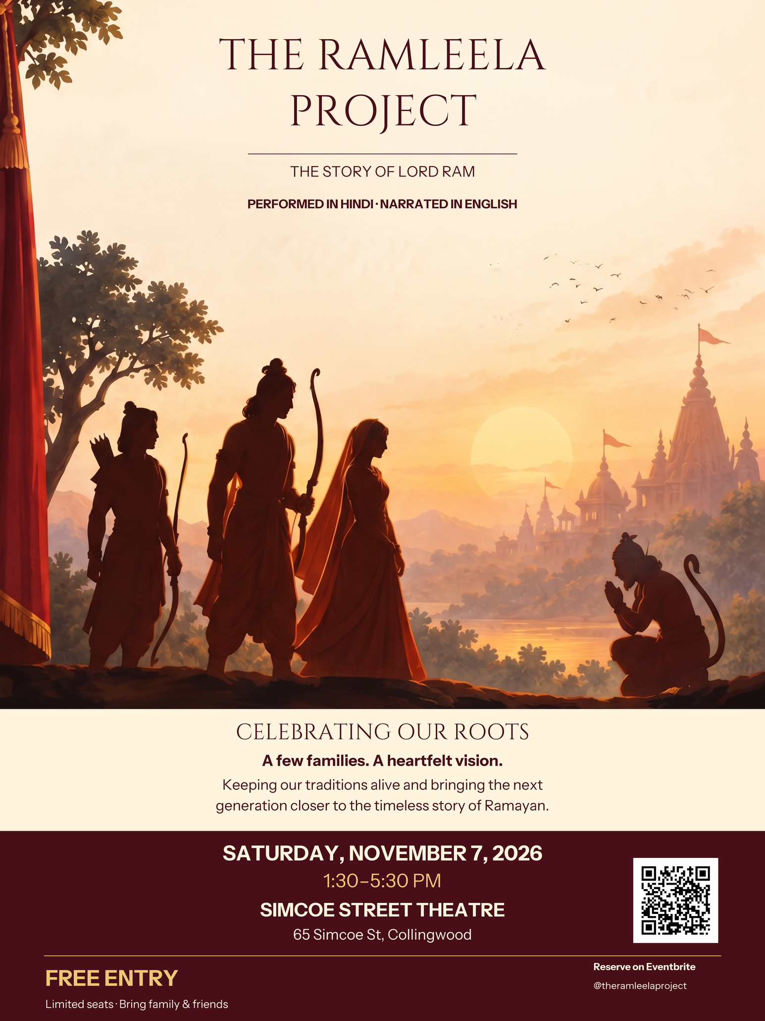 The Ramleela Project poster: Ramayana silhouettes at sunset, November 7 in Collingwood, free entry